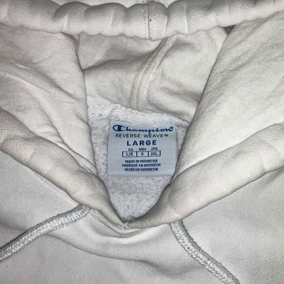 🏁 Vintage Champion Reverse Weave White Hoodie‎ – Striped Cuffs Size L - Picture 4 of 6